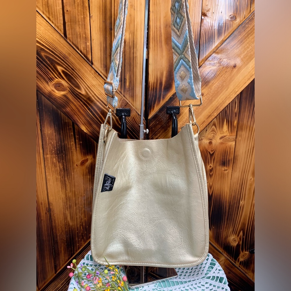 Chic Beige Shoulder Bag with Patterned Strap